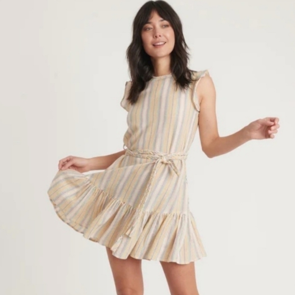 MARINE LAYER, Laney Mini‎ Dress, Blue Variegated Stripe, Linen Blend, Size Large